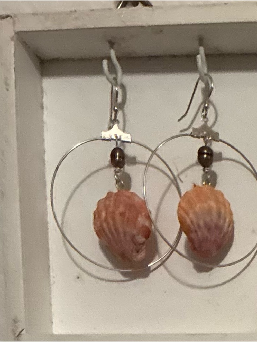 Handmade Sunrise Shell Hoop Earrings with freshwater black pearls